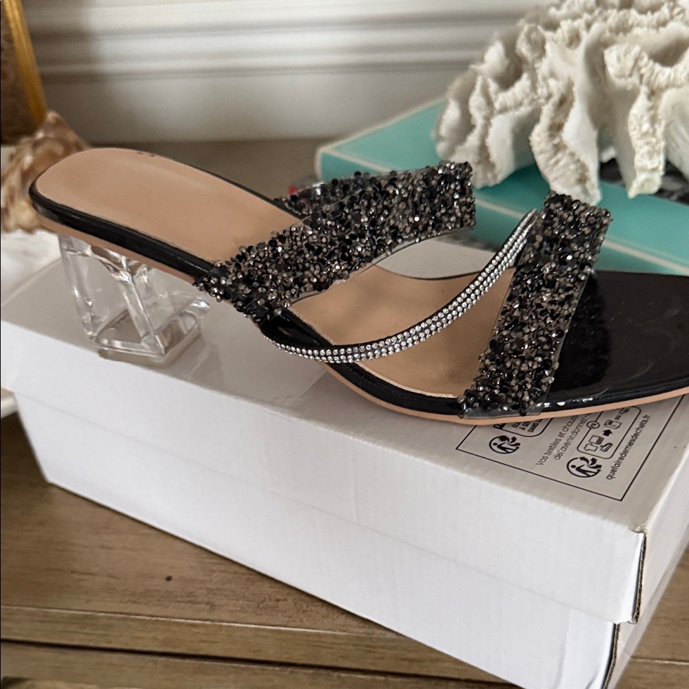 Elegant Black Beaded Women's Heels with Clear Block Heel